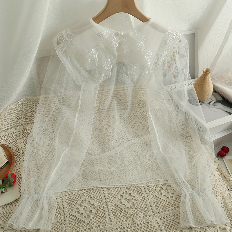 Блузка женская прозрачная из шифона с круглым вырезом Милая Тонкая сетчатая