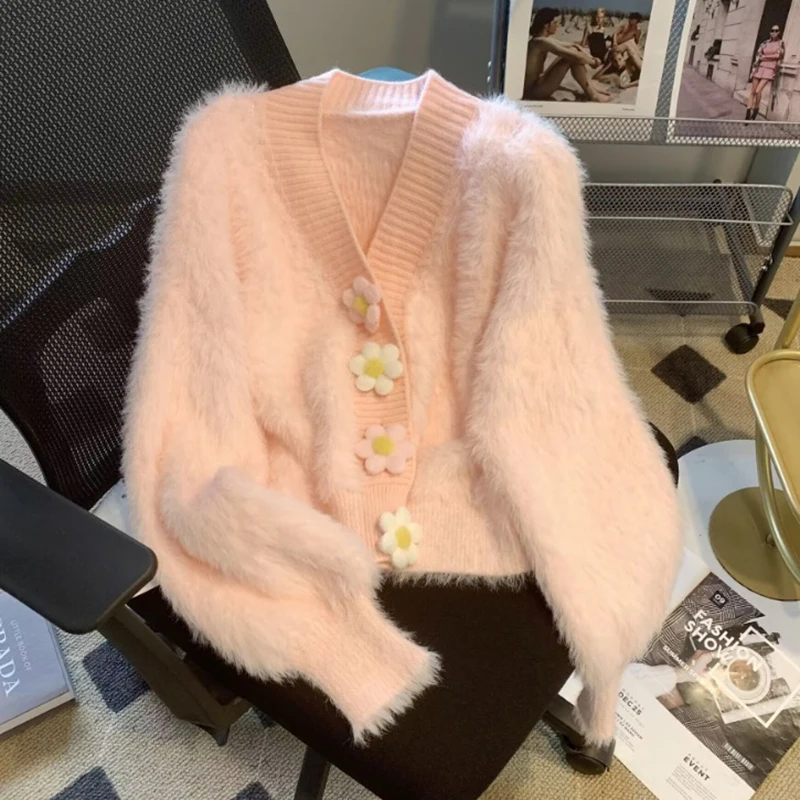 

Autumn Imitation Mink Cashmere Cardigan Women Jacket Vintage Soft Knitted Sweater 3D Flower V-neck Winter Fleece Cardigans 28256