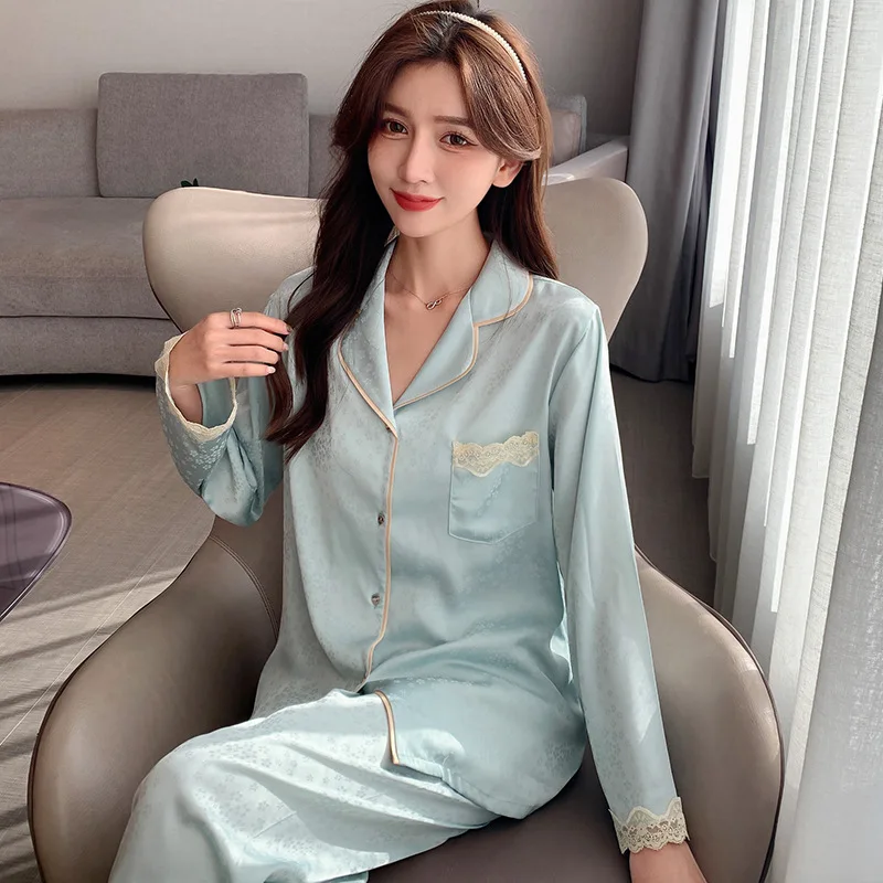 Spring Autumn Pajamas for Women Long Sleeve Loungewear Lace Pajama Sleepwear Suit Female 2 Pcs Set Pantsuits Home Wear Nightwear