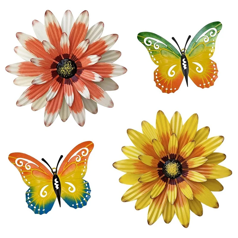 

Metal Flowers Outdoor Wall Decor, 4PCS Flower & Butterfly Wall Art Decor, Wall Sculptures For Garden Fence, Yard, Porch