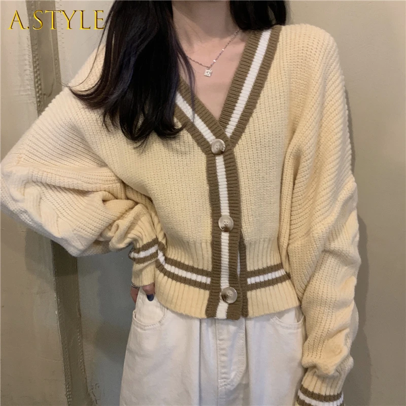 

A GIRLS Sweater Cardigans Women V-Neck Long Sleeve Patchwork Crop Top Elegant Female Outwear Korean Style Autumn Loose Knitted