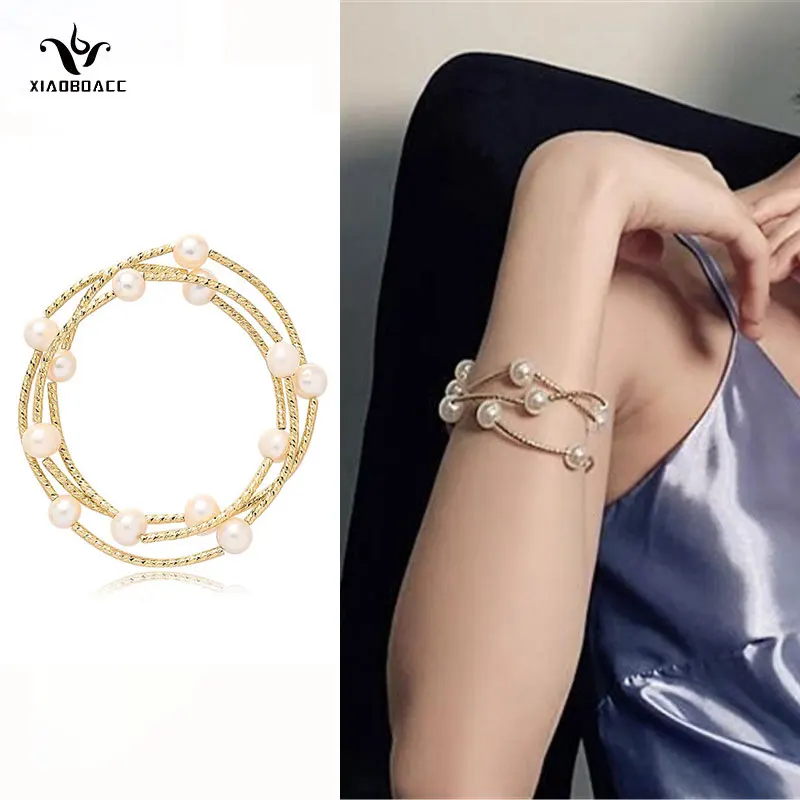 

XiaoboACC 18k Gold Natural Freshwater Pearl Bracelet for Woman Multi-layer Elastic Bracelets Bangles Jewelry