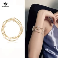 xiaoboacc 18k gold natural freshwater pearl bracelet for woman multi layer elastic bracelets bangles jewelry