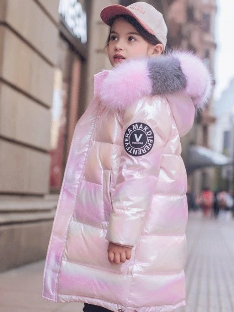 

2022 White Duck Down Shiny Jacket for Girls Hooded Warm Children Girl Winter Coat 5-16 Years Kids Teenage Cotton Parka Outerwear