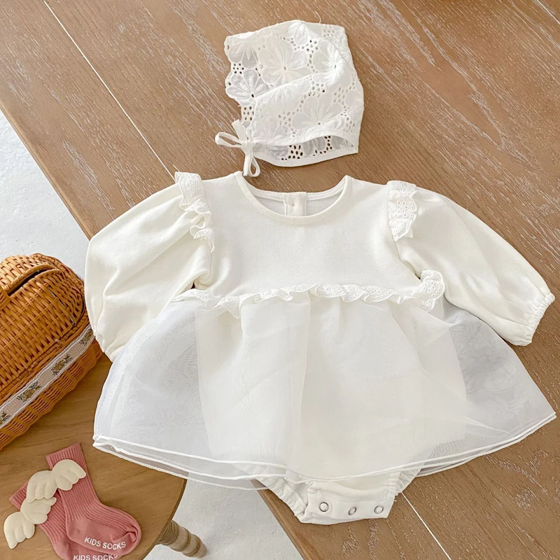 

2022 Autumn Baby Girl Jumpsuits Princess White Romper Ruffles Birthday Party Toddler Girl Clothes Infant Outfit for Newborn