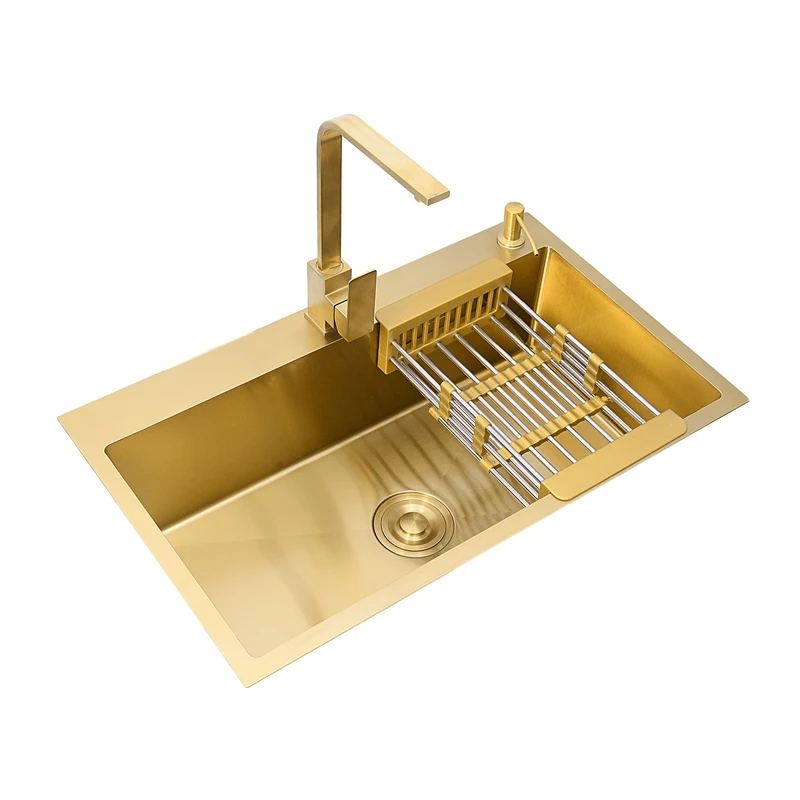 Gold Kitchen Sink Above Counter or Undermount 304 Stainless Steel Single Bowl Goldn Basket Drainer Soap Dispenser Washing Basin
