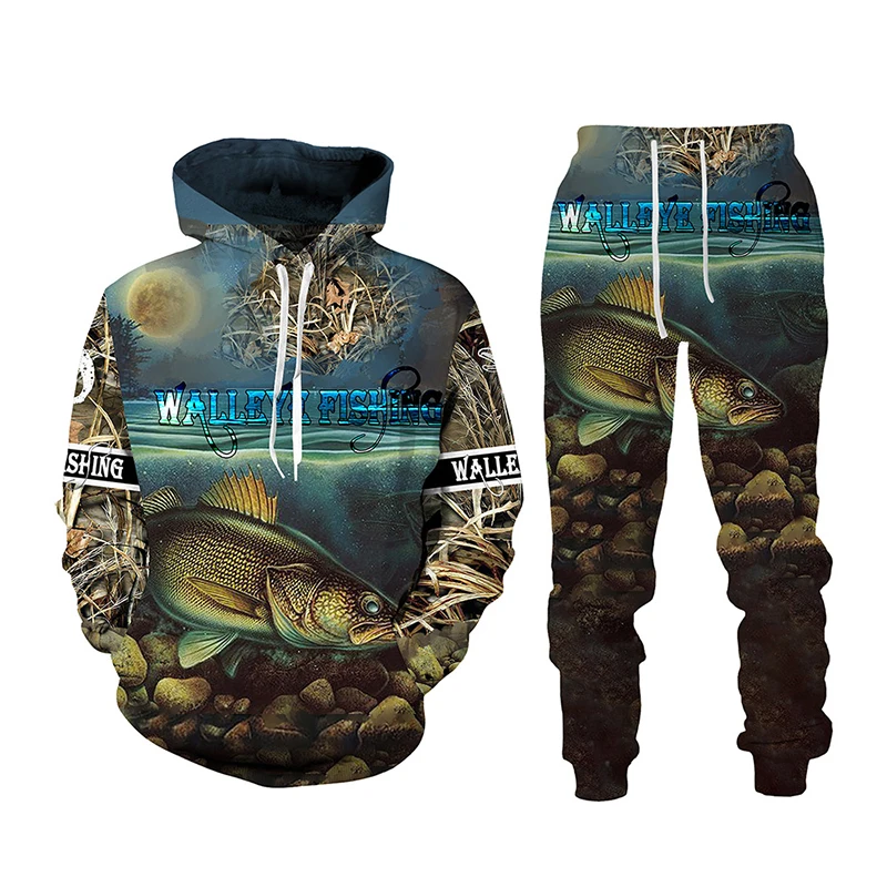 

Новинка, Свитшот и спортивные штаны, мужской спортивный костюм, повседневный костюм с художественным 3D-принтом рыбалки для пары