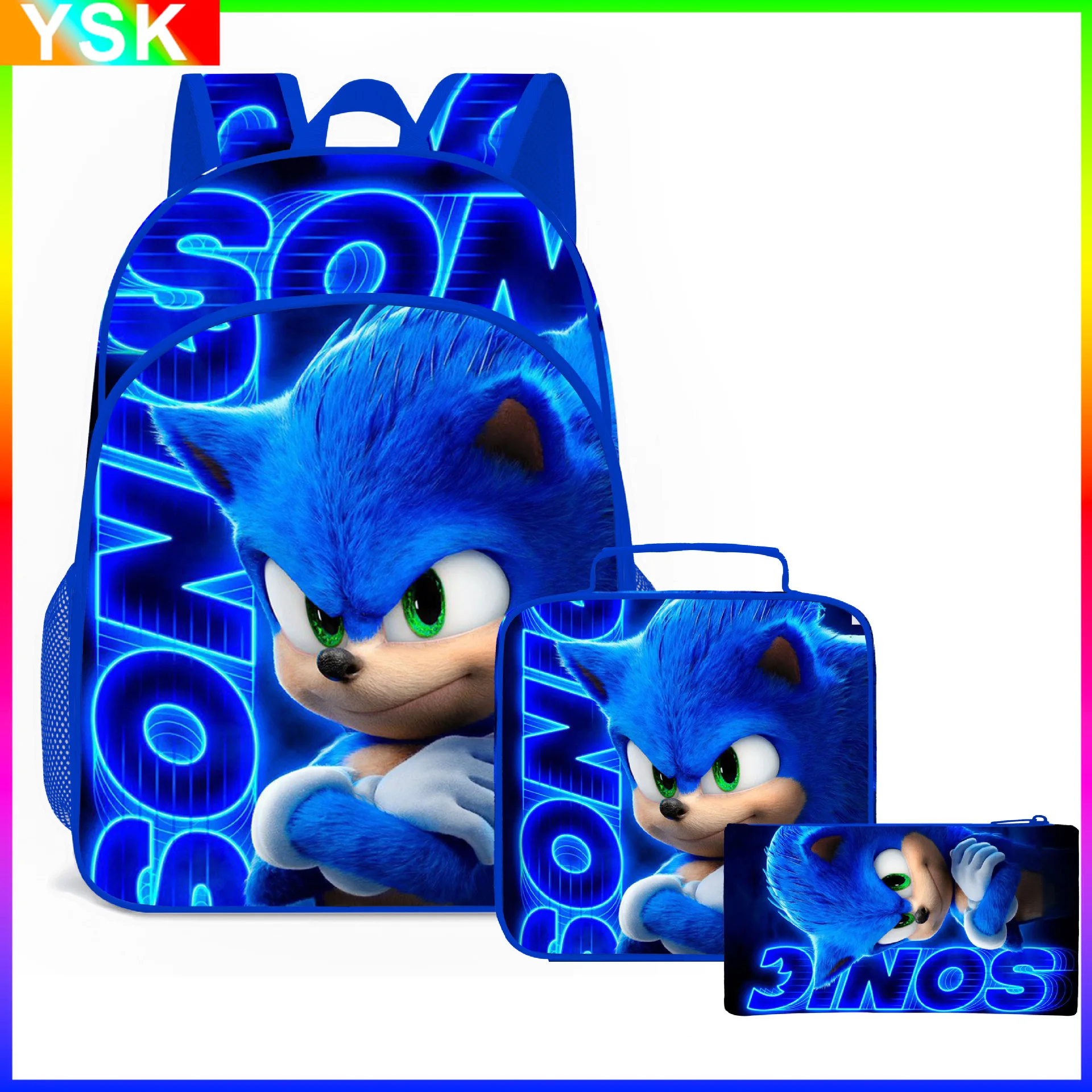 

SONIC Sonic, школьный рюкзак из трех предметов для учеников начальной и средней школы, рюкзак с мультипликационным аниме, сумка для еды, мультяшный рюкзак