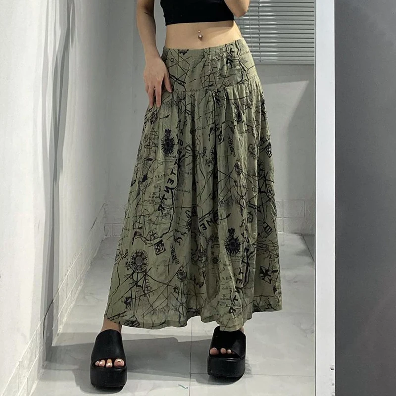 

Y2K Women Harajuku Aesthetic Korean Fashion Vintage Pleated Skirts Graphic Print High Waist Long Skirt 2000s Retro Streetwear