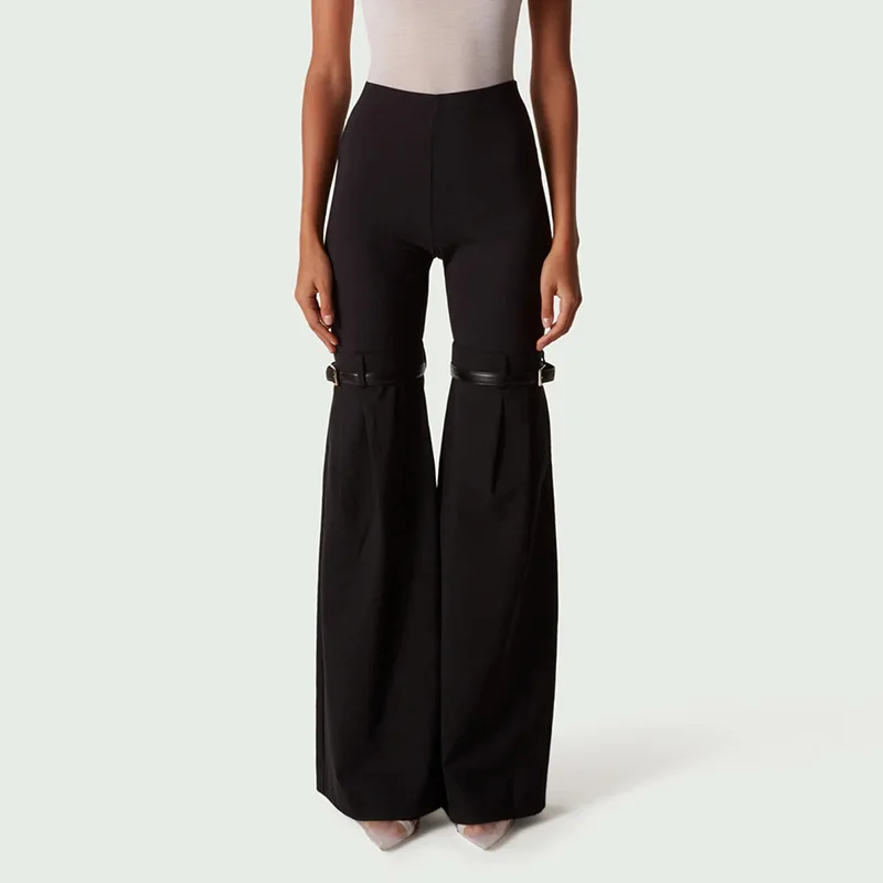 Women High Waist Slim Flare Pants Design Spliced Casual Slight Strech Full Length Loose Trousers Elegent Office Lady Solid 2023