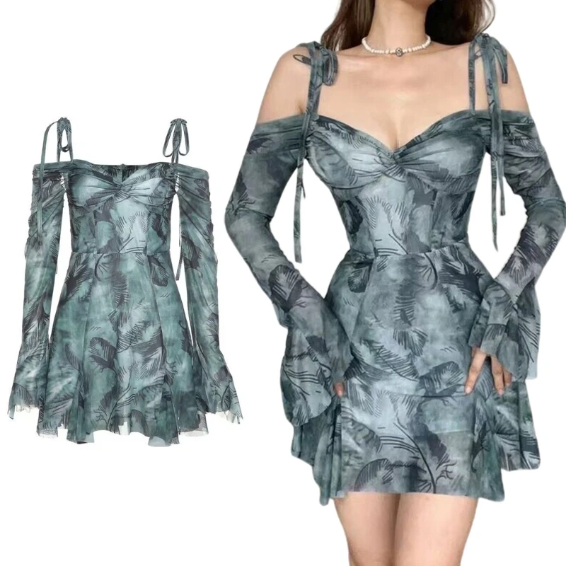 

Уникальное платье с расклешенными рукавами и принтом, модные женские платья на бретельках для женщин