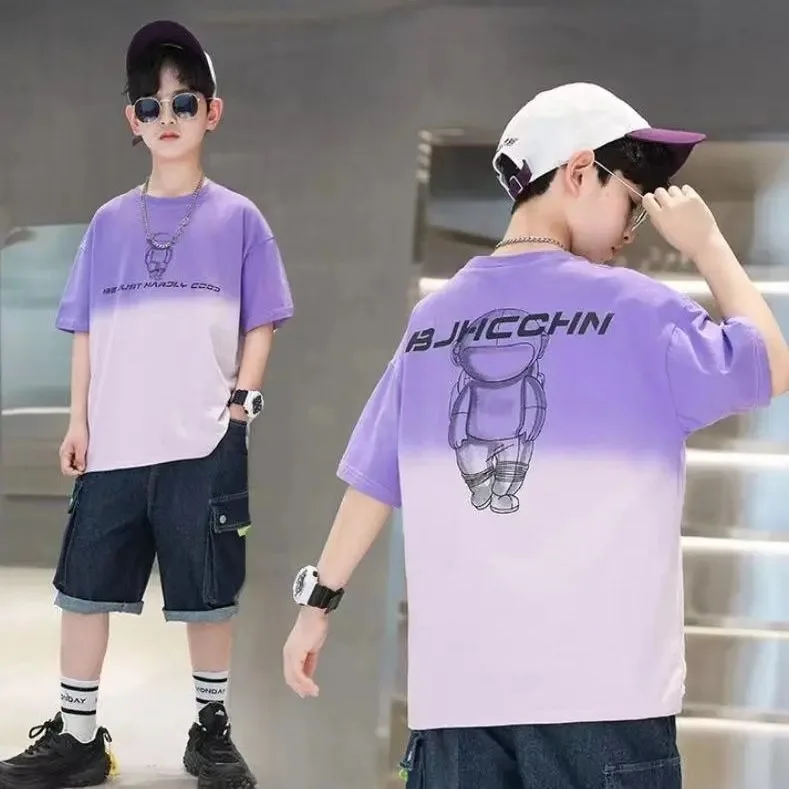 

Children's Round Neck Topes New Temperament Summer T-shirt Sleeve Color Matching Korean Style 5-14Years Children's Clothing