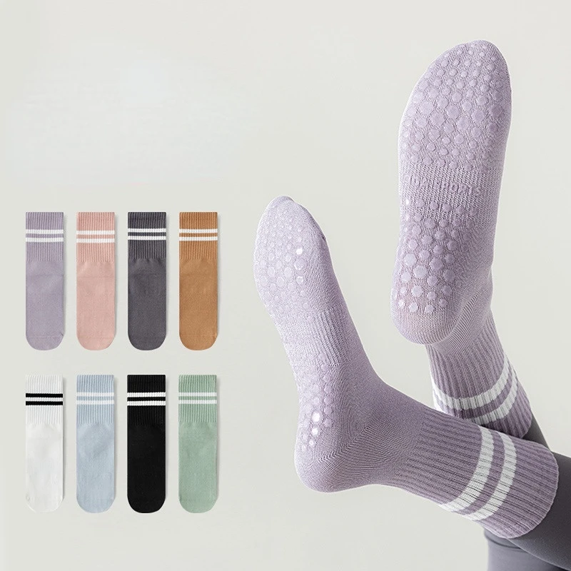 Candy Color Striped Cotton Mid-calf Yoga Socks Women Bottom Non-slip Pilates Socks Dance Training Socks Fitness Sports Socks
