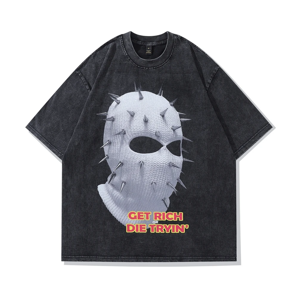 

Women's Oversize Distressed T Shirts Hip Hop Balaclava Print Vintage Washed Tshirt Streetwear Harajuku Cotton Casual T-Shirt