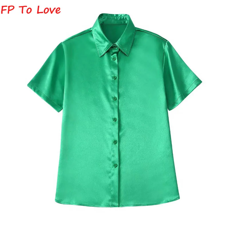 

Elegant Green Satin Short Sleeves Shirt Bright Blue Solid Single Breasted Vintage Street Official Lady Female 4437240 FP To Love