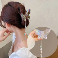 new hair claws clear crystal butterfly tassel hair claw pendant hair crab clips fashion hairpin women ponytail hair accessories