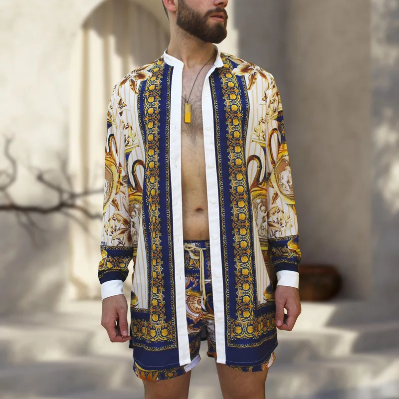 

Мужской комплект одежды, 2022, пляжный стиль, свободная рубашка и мужские шорты, гавайский повседневный костюм, мужской комплект из двух предм...