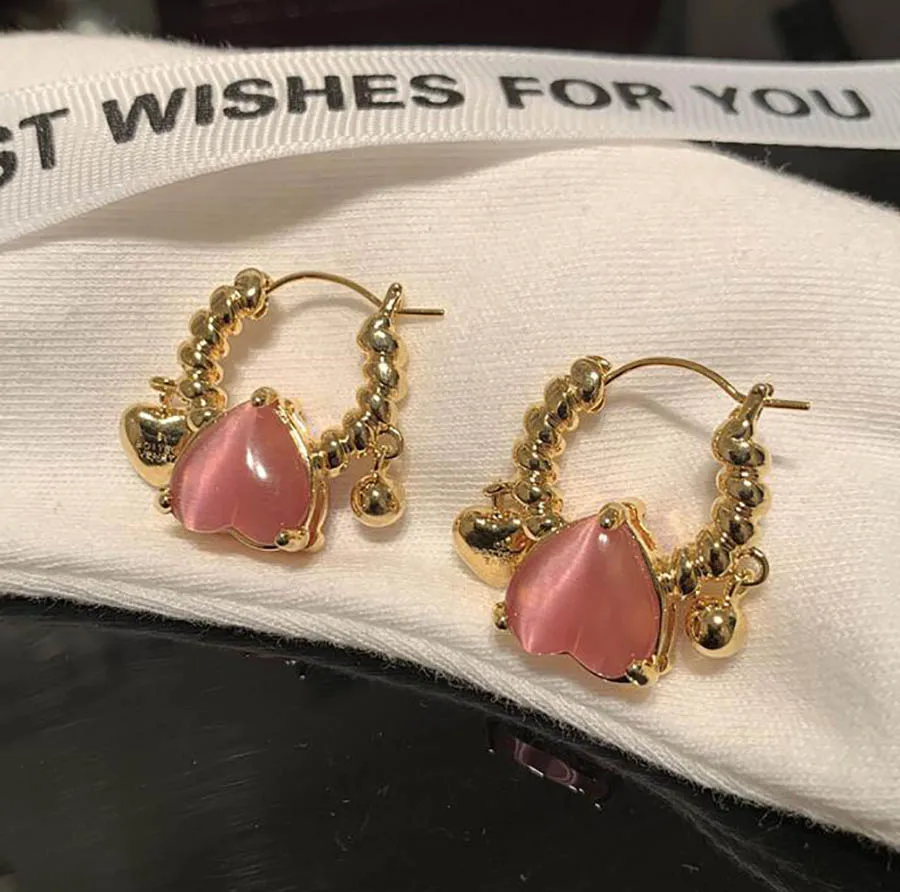 

Double-sided pink love earrings French metal simple opal chain chic girl romance summer fashion jewelry