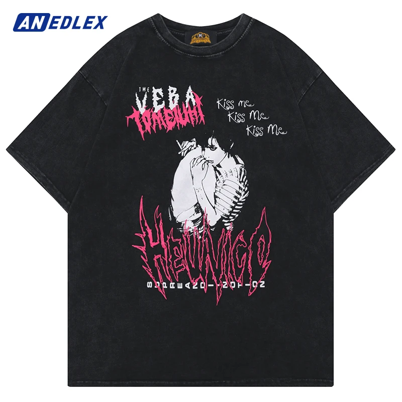 

2022 Men Hip Hop Streetwear Washed T Shirt Couple Cartoon Girl Graphic Letter T Shirt Harajuku Cotton Loose Short Sleeve Tshirt