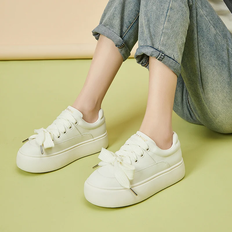 Autuspin 4.5cm Fashion Women Casual Sneakers Spring Summer Round Toe Cow Leather Vulcanized Shoes Females Outdoor Walking Shoes