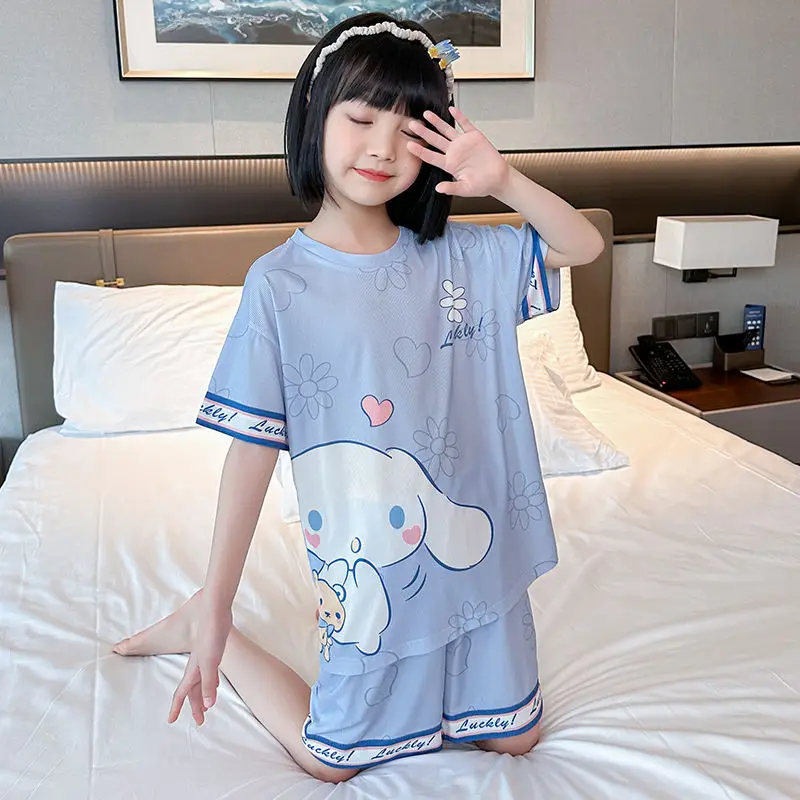

Summer Kawaii Cinnamoroll Kuromi Anime Short Sleeved Thin Children Pajamas Ice Thread Cute Cartoon Little Girl Home Clothing Set