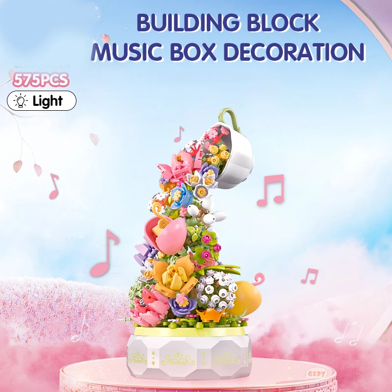 

575pcs Valentine's Day Flower Lighting Music Box Building Block Home Decor Anime Creative Gift Toy For Child Adults Holiday Gift
