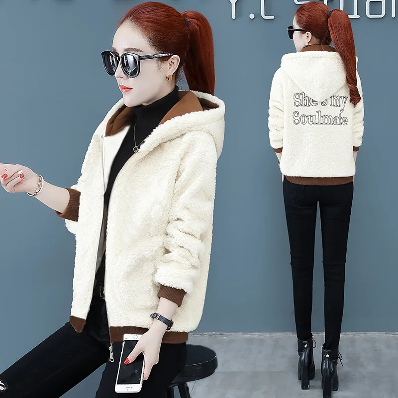 Faux Lamb Fur Thickened Coat for Women 2022 Winter New Korean Loose Warm Coat Small Fragrant Hooded Coat Basic  Fur Jackets