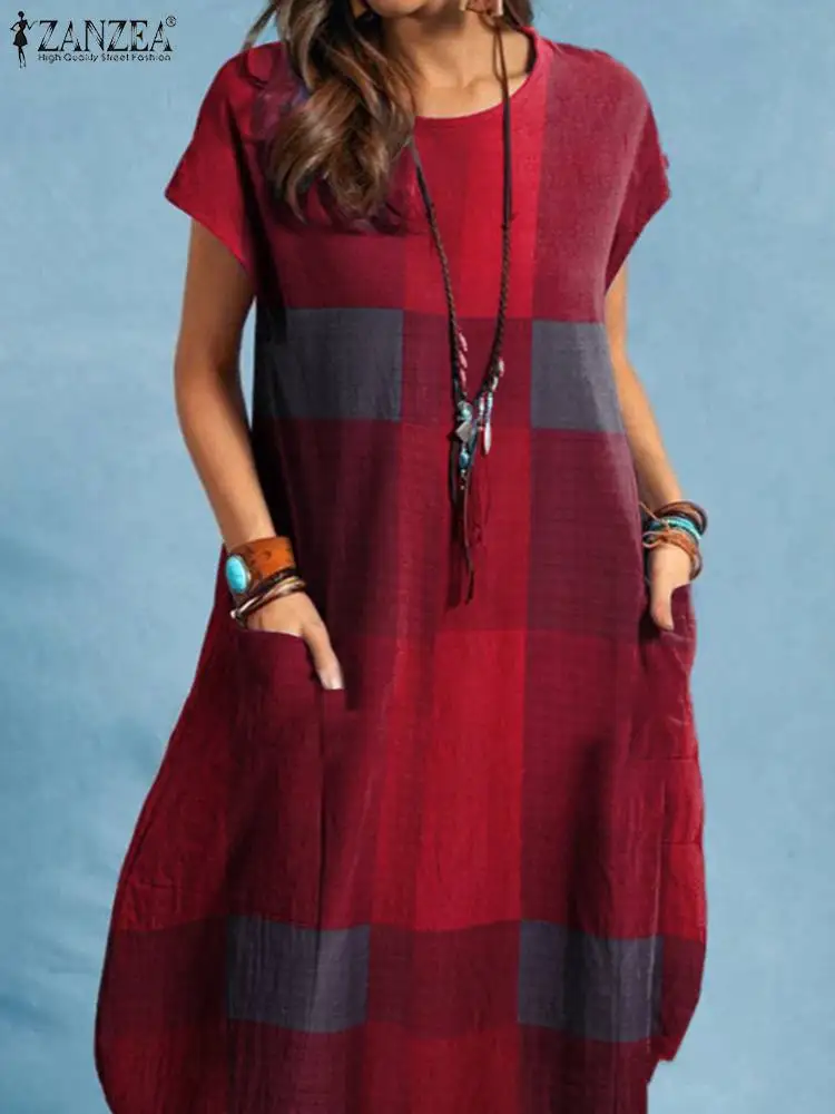 

Женское летнее клетчатое платье ZANZEA в клетку, с коротким рукавом и круглым вырезом, мешковатое платье, богемный Повседневный праздничный св...