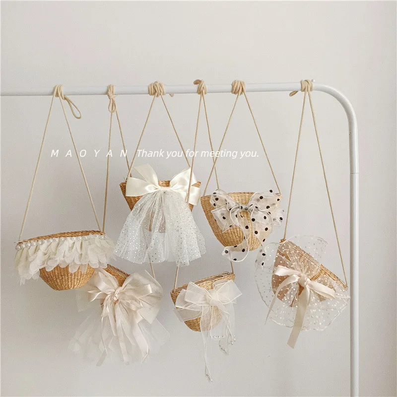 Модная сетчатая соломенная сумка с бантом для маленьких девочек милый реквизит