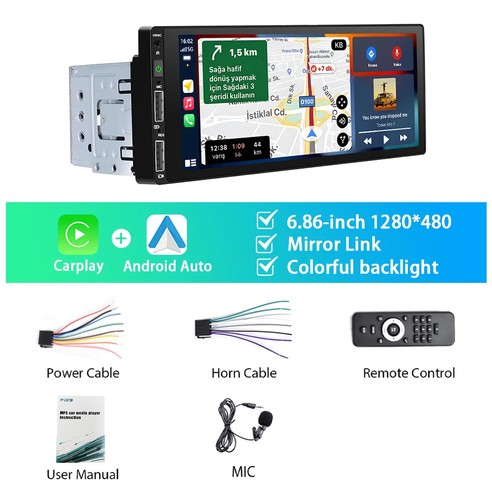 

Автомагнитола Podofo, 1 Din, MP5, 6,86 дюйма, MP5, проводной Автомобильный плеер, Android, универсальный мультимедийный плеер Mirror Link, автомобильная стереосистема