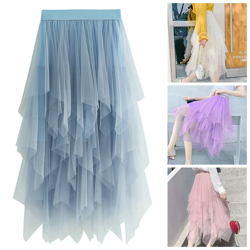 Женская ассиметричная юбка из тюля повседневная длинная Плиссированная