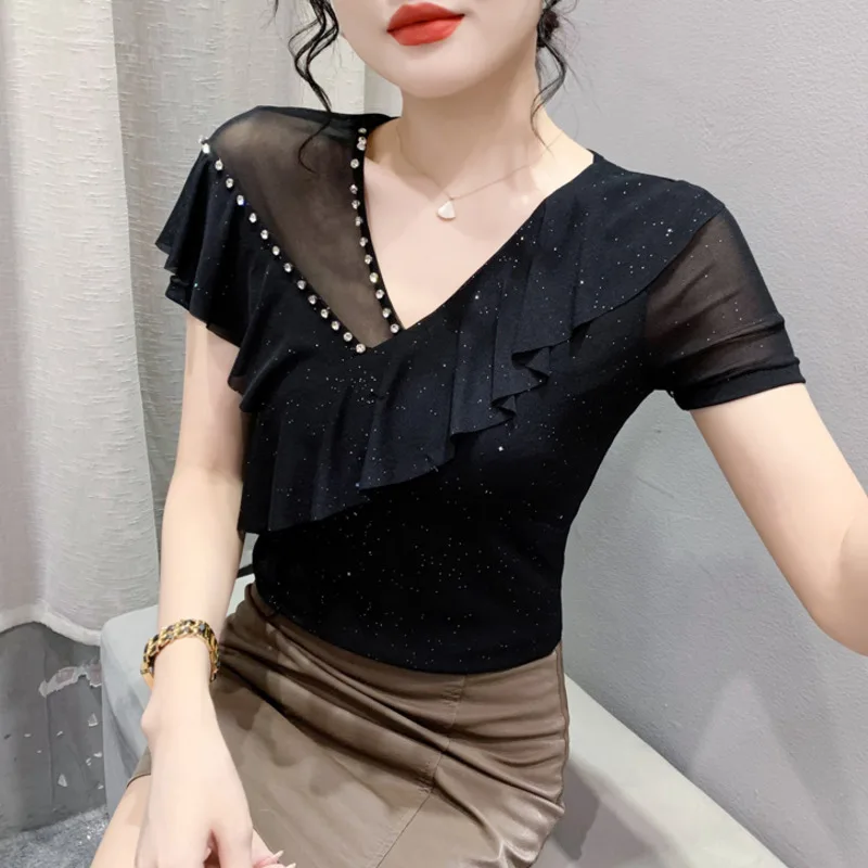 # 5944 Черная синяя красная эластичная сетчатая футболка женская с v-образным