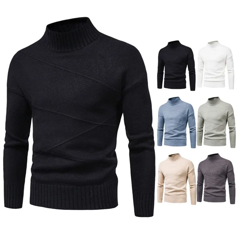 Autumn and Winter 2022  Fashion Men's Knitwear Half High Neck Slim Fit Long Sleeve Solid Simple Sweater Undercoat Casual Clothes