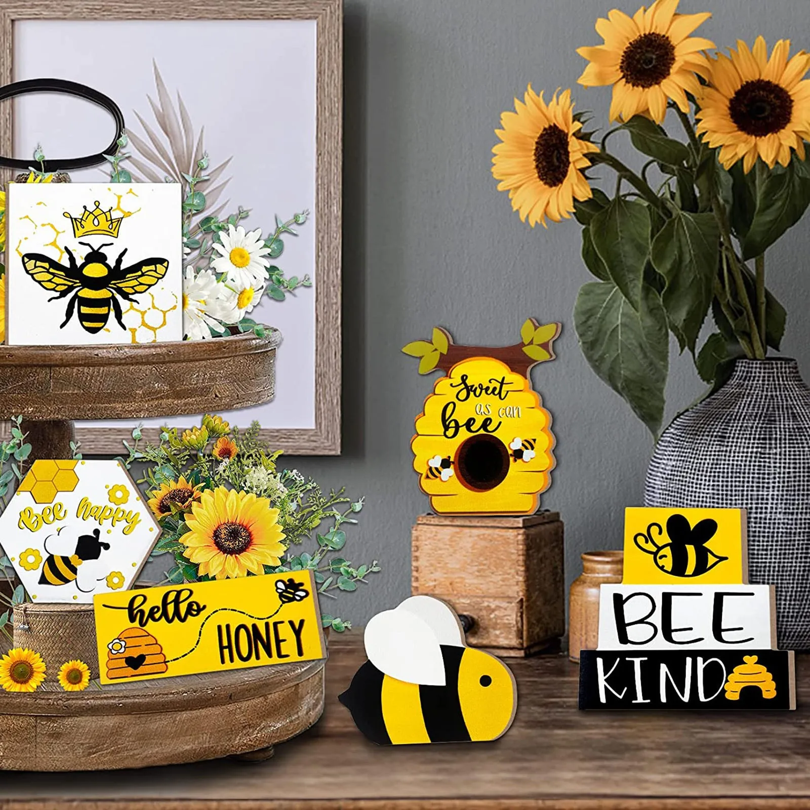 

Летний праздничный Подсолнух, хризантема, многослойный поднос, украшение для фермерского дома, деревянное украшение, скульптура, журнальный столик