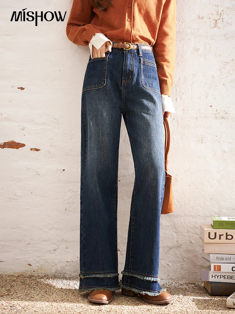 o wysokiej talii dżinsy retro dla kobiet 2024 wiosenny brzeg dwuwarstwowe kieszenie z surowymi krawędziami kobiece luźne spodnie szerokimi