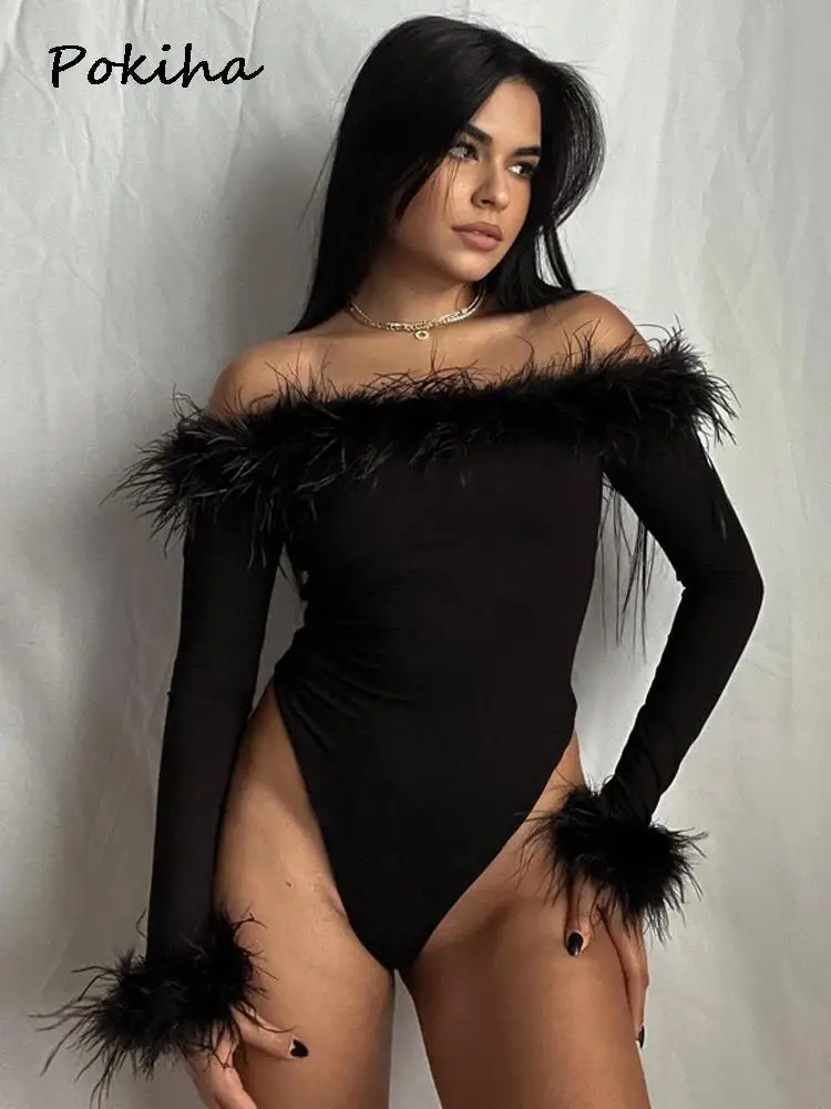 

Pokiha Fashion Feathers Sexy Long Sleeve Off Shoulder Bodysuits For Women Elegant One Piece Slim Tops Bodysuit Clothes