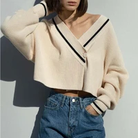 lazy style patchwork knitted sweaters autumn winter cardigan fashion long sleeve v neck loose casual all match tops women korean