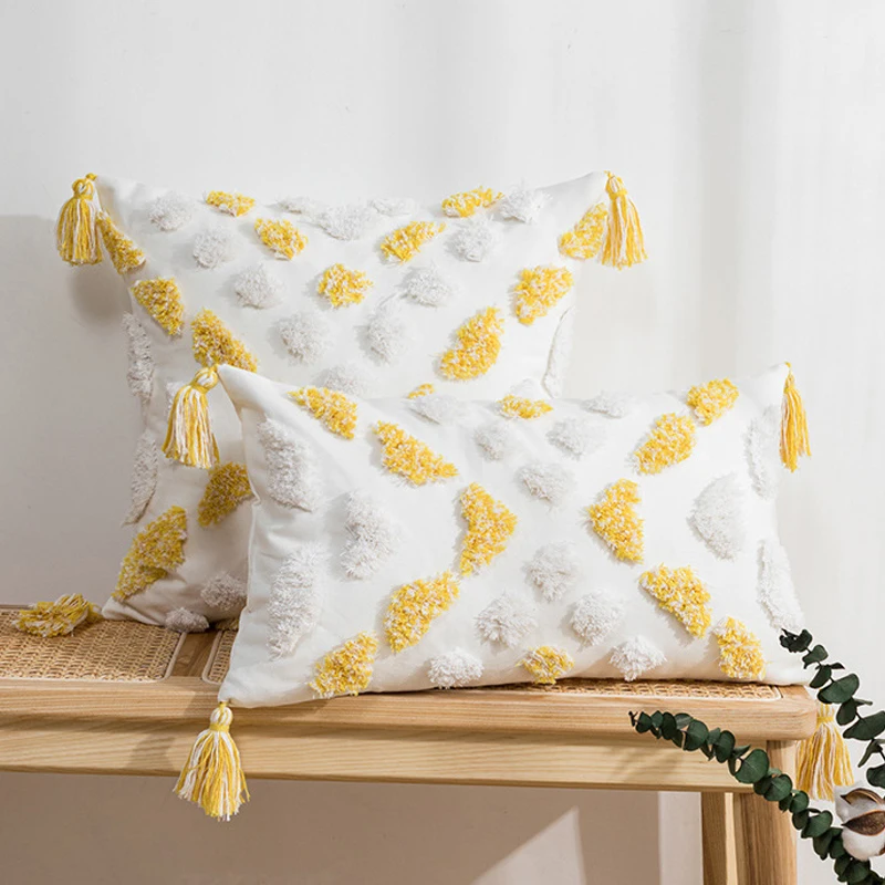 

Tassels Cushion Cover 45x45cm/30x50cm Yellow Tufted Boho Style Home Decoration Pillow Cover For Living Room Sofa Couch Bedroom