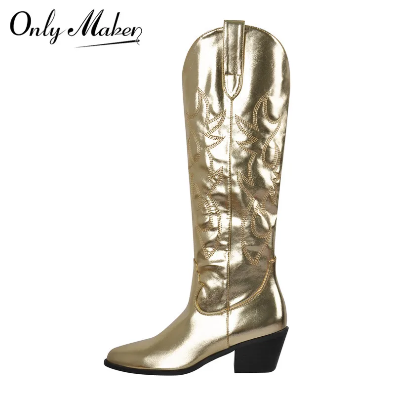 

Onlymaker Women Pointed Toe Gold Knee High Boots Western Cowboy Boots Wide Calf Embroidered Block Heel Pull-On Cowgirl Booties