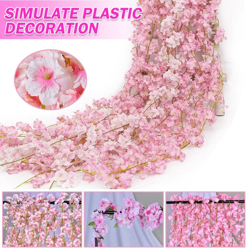 

1.8m/135 Flower Head Artificial Silk Sakura Cherry Blossom Vine Rattan Wall Hanging Garlands DIY Wreath Wedding Arch Home Decor