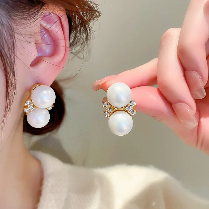 

Korean Double Pearl Crystal Stud Earrings For Women Fashion Bijoux Party Wedding Elegant Boucle d’oreille Femme Brincos