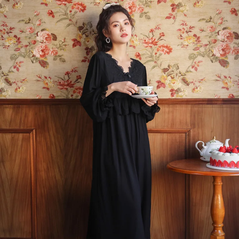 Roseheart New Women Homewear Female White Black Sexy Sleepwear Night Dress Long Lace V Neck Nightwear Nightgown Court Mesh