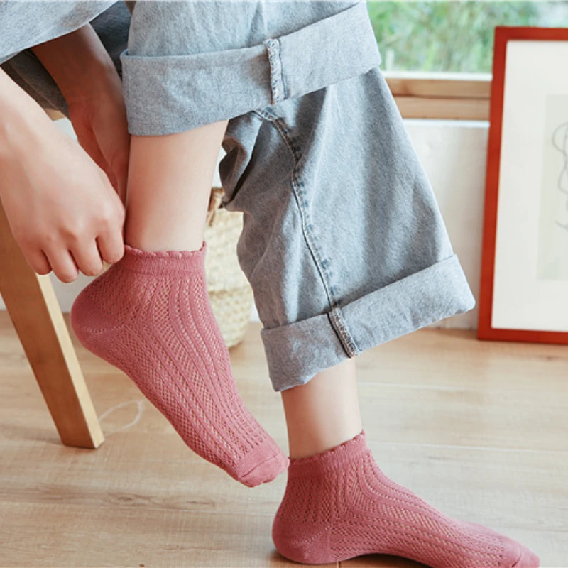 New Summer Women's Cotton Socks Japanese Thread Mesh Lace Boat Socks Women's Solid Color Vertical Stripe Short Socks Wholesale