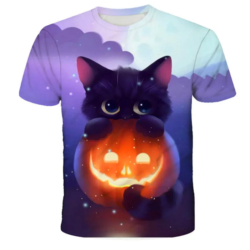 

Модные футболки для мальчиков с изображением милого кота, футболки с мультяшным принтом для девочек, детские топы, одежда с коротким рукаво...