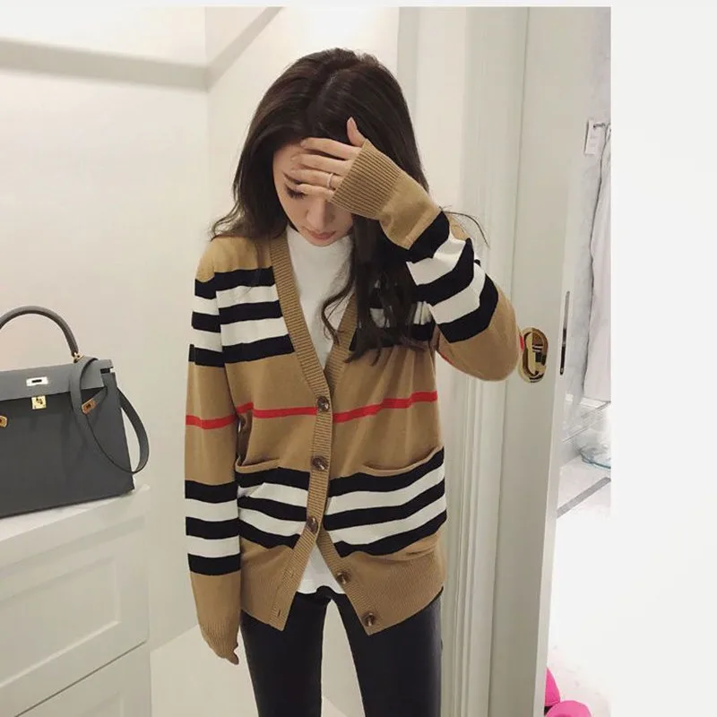 

Spring and autumn classic stripe color matching V-neck long knit cardigan loose sweater coat Joker