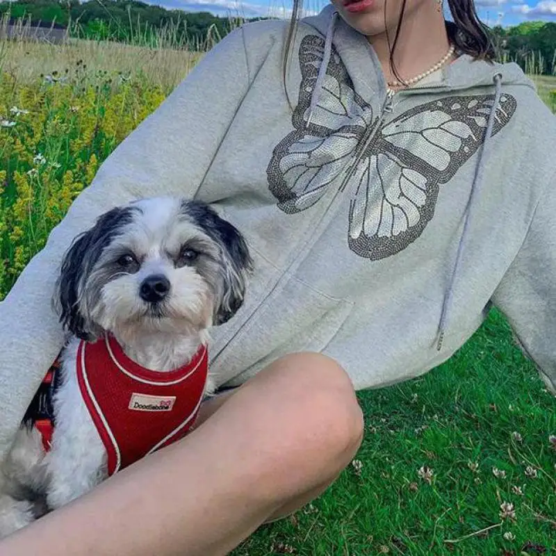 

Y2K толстовки в стиле 90-х годов, модные женские пальто на молнии с рисунком бабочки, уличная одежда в стиле E-girl 90-х, длинная куртка большого размера со стразами, серого цвета, 2021