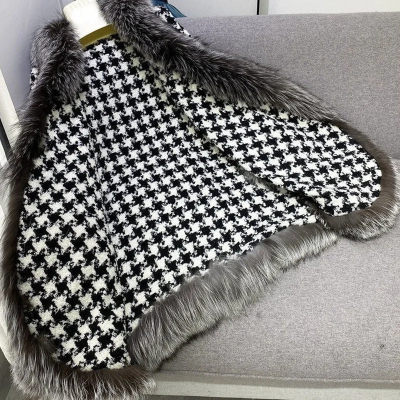 2023 Autumn and Winter Faux Fur Coat Women Loose Casual Houndstooth Thickened Double-sided Wear Temperament Ladies Shawl Hair