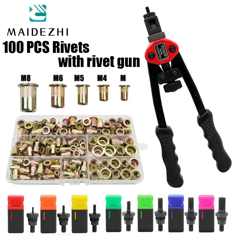 100pcs Rivet Nut or Hand Threaded Rivet Nuts Gun BT606 M3 M4 M5 M6 M8 Double Insert Manual Riveter Gun Riveting Rivnut Tool