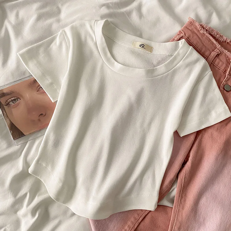 

White T-shirts for Women Summer Round Neck Short Sleeve T-shirt Irregular Women's Tops