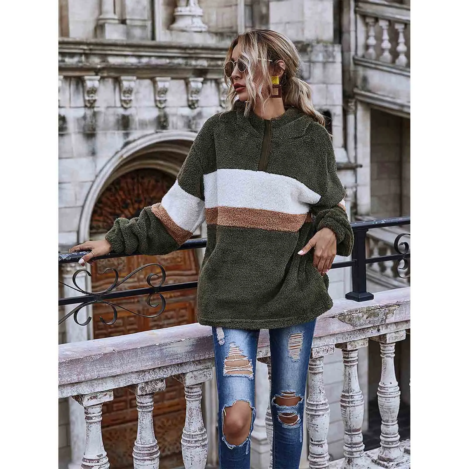

Color Block Stitching Hoodie Coat Trendy Queen Women Sweatshirts Half Zip Cropped Streetwear Long Sleeve Sweatshirts Ropa Mujer